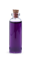 Glass bottle of purple food coloring on white background