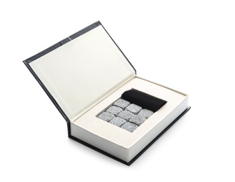 Photo of Box with whiskey stones on white background