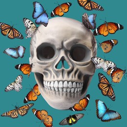 Image of Many beautiful butterflies and skull on teal background