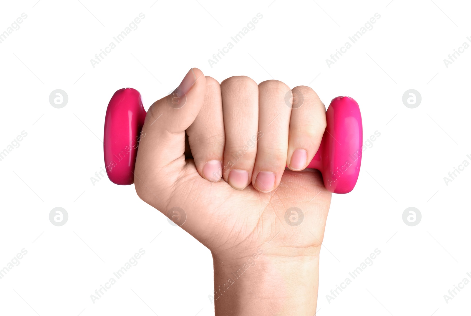 Photo of Woman holding vinyl dumbbell on white background, closeup