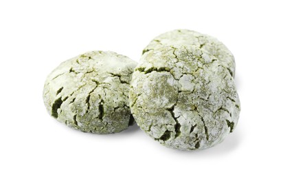 Photo of Three tasty matcha cookies on white background