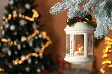 Photo of Vintage Christmas lantern with burning candle hanging on fir branch against blurred background. Space for text