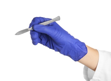 Photo of Doctor in medical glove with scalpel on white background