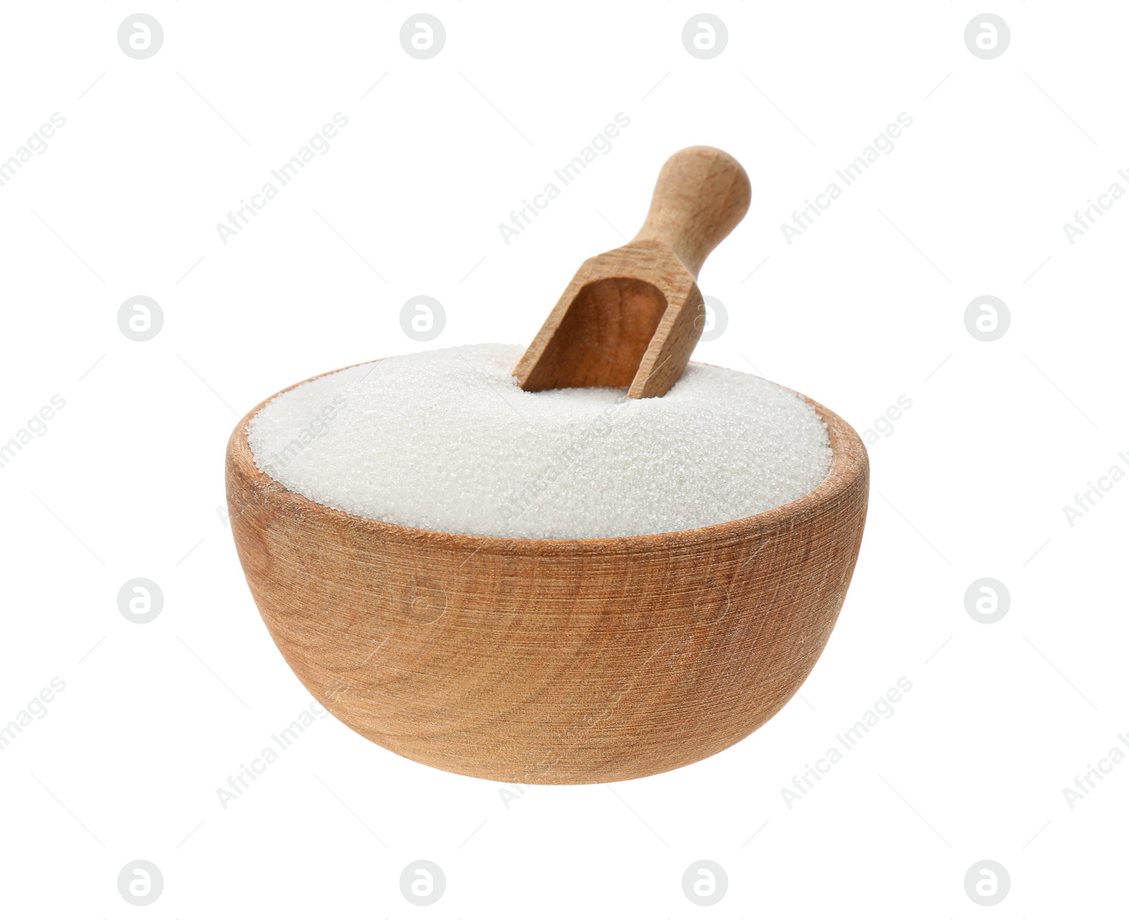 Photo of Wooden bowl with natural salt and scoop isolated on white