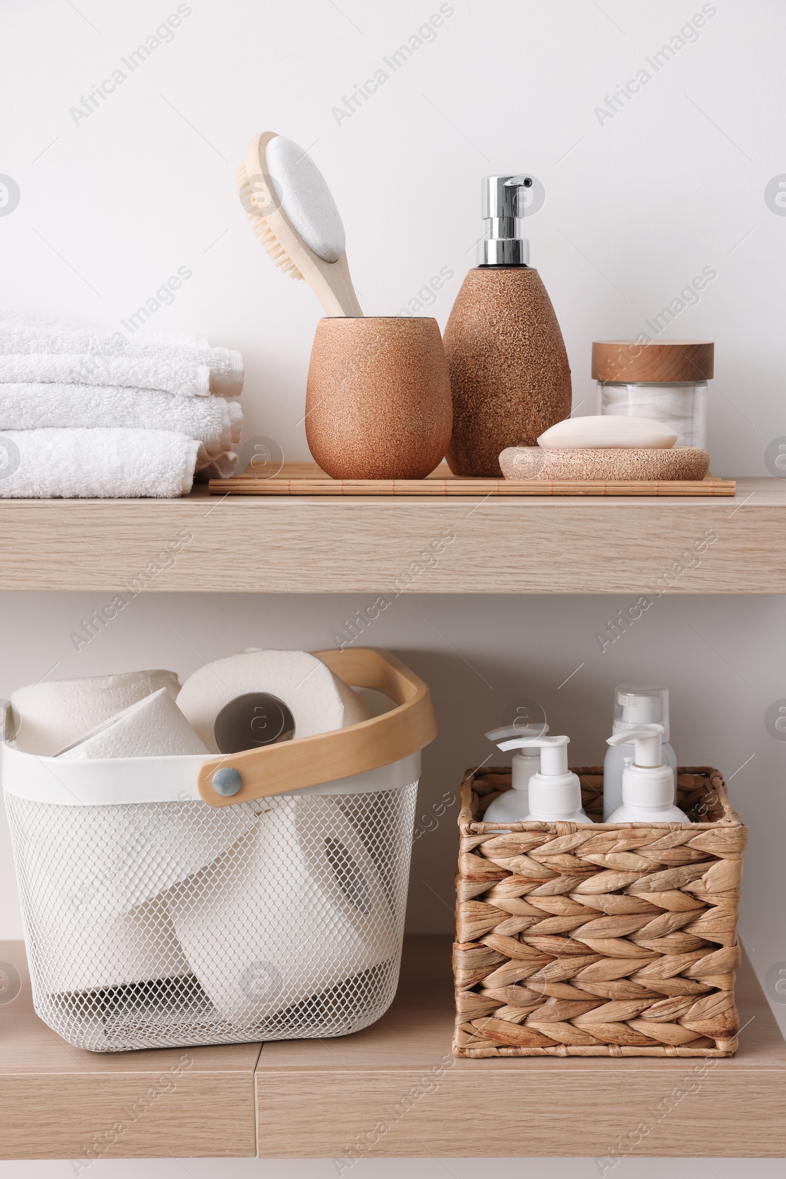 Photo of Different bath accessories and personal care products indoors