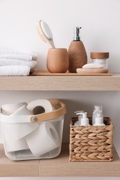 Photo of Different bath accessories and personal care products indoors