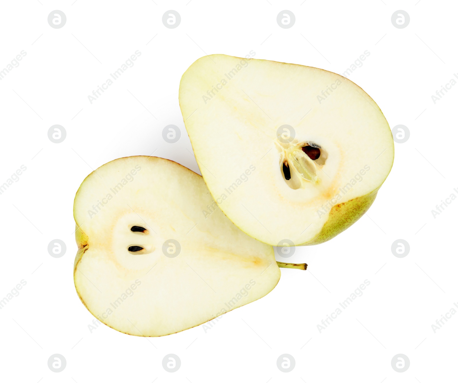 Photo of Halves of ripe juicy pears isolated on white, top view