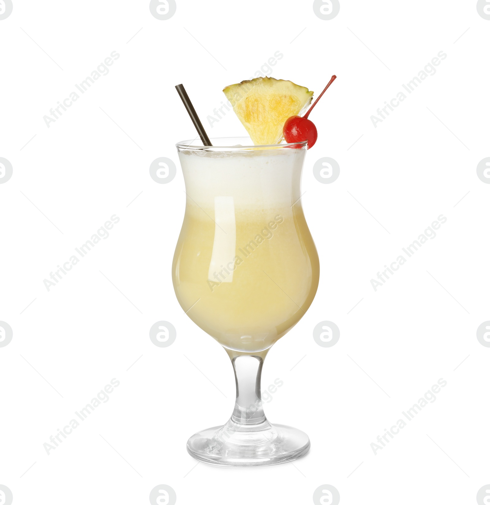 Photo of Tasty Pina Colada cocktail on white background