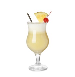 Tasty Pina Colada cocktail on white background