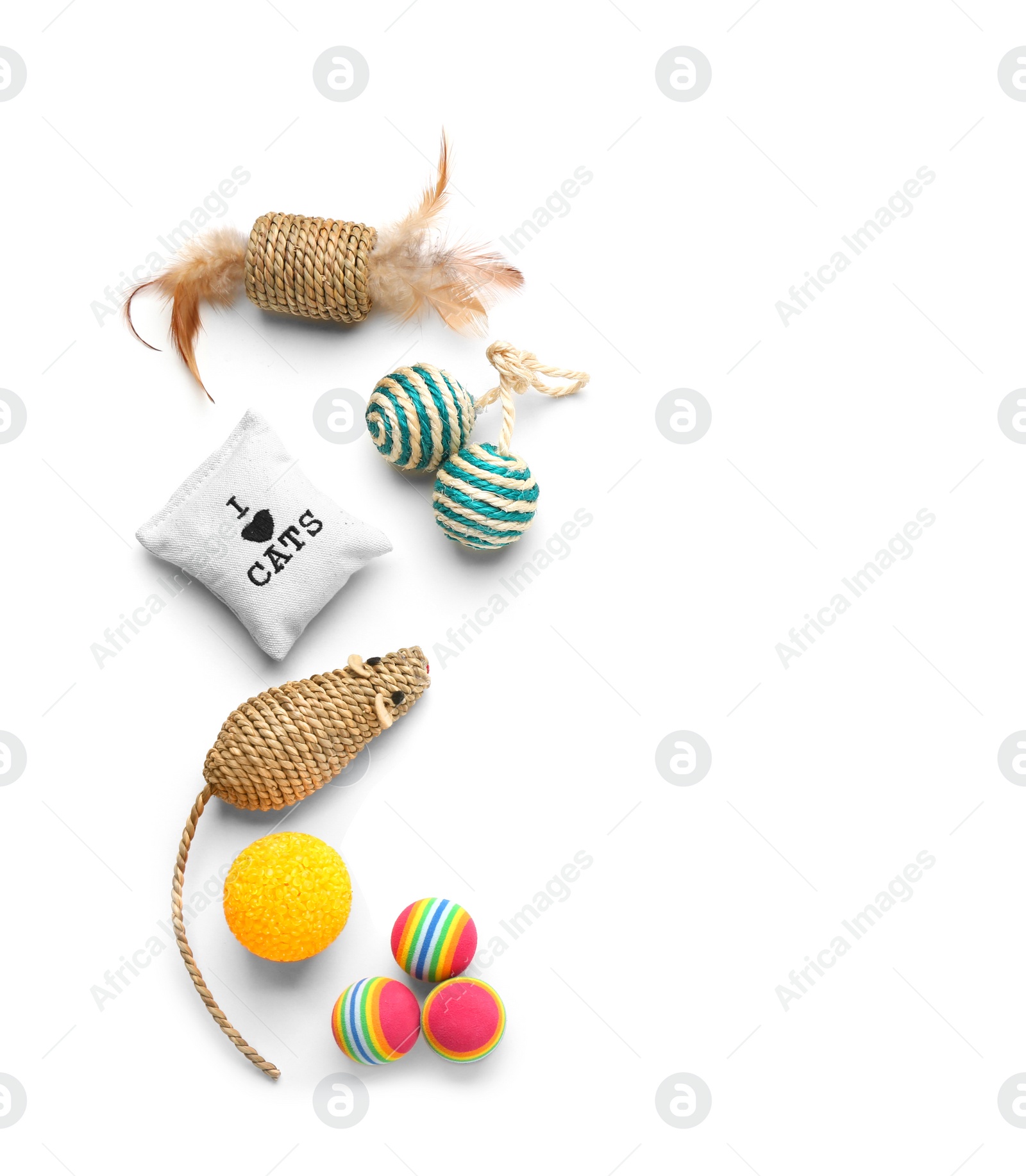 Photo of Flat lay composition with cat accessories on white background