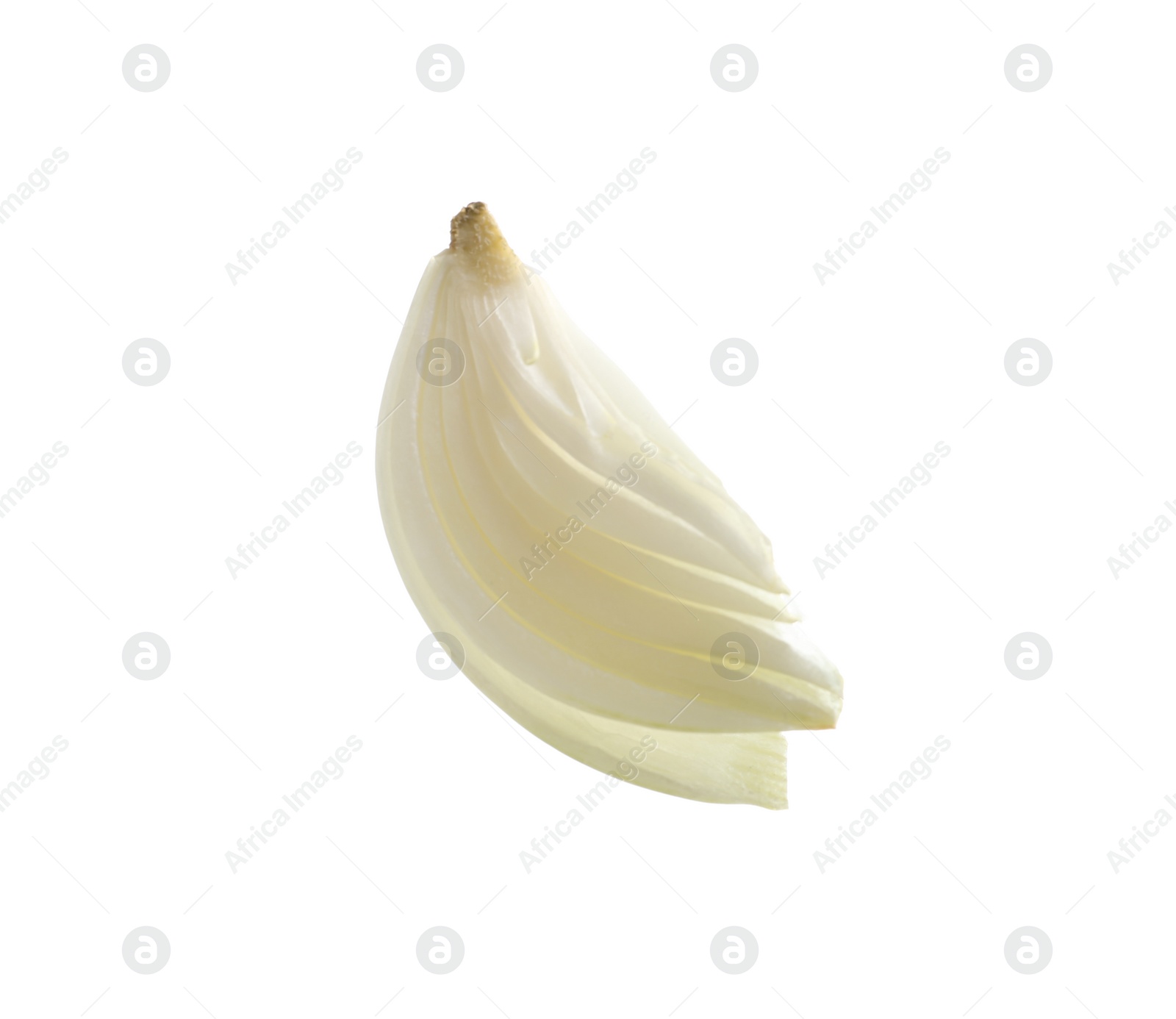 Photo of Slice of fresh ripe onion on white background