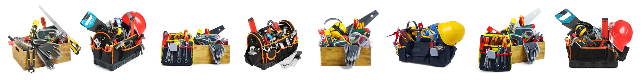 Image of Collage of bags and wooden box with tools on white background, different sides