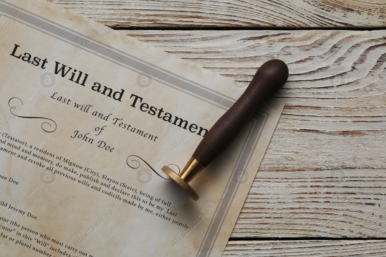 Photo of Last Will and Testament with wax stamp on wooden table, top view