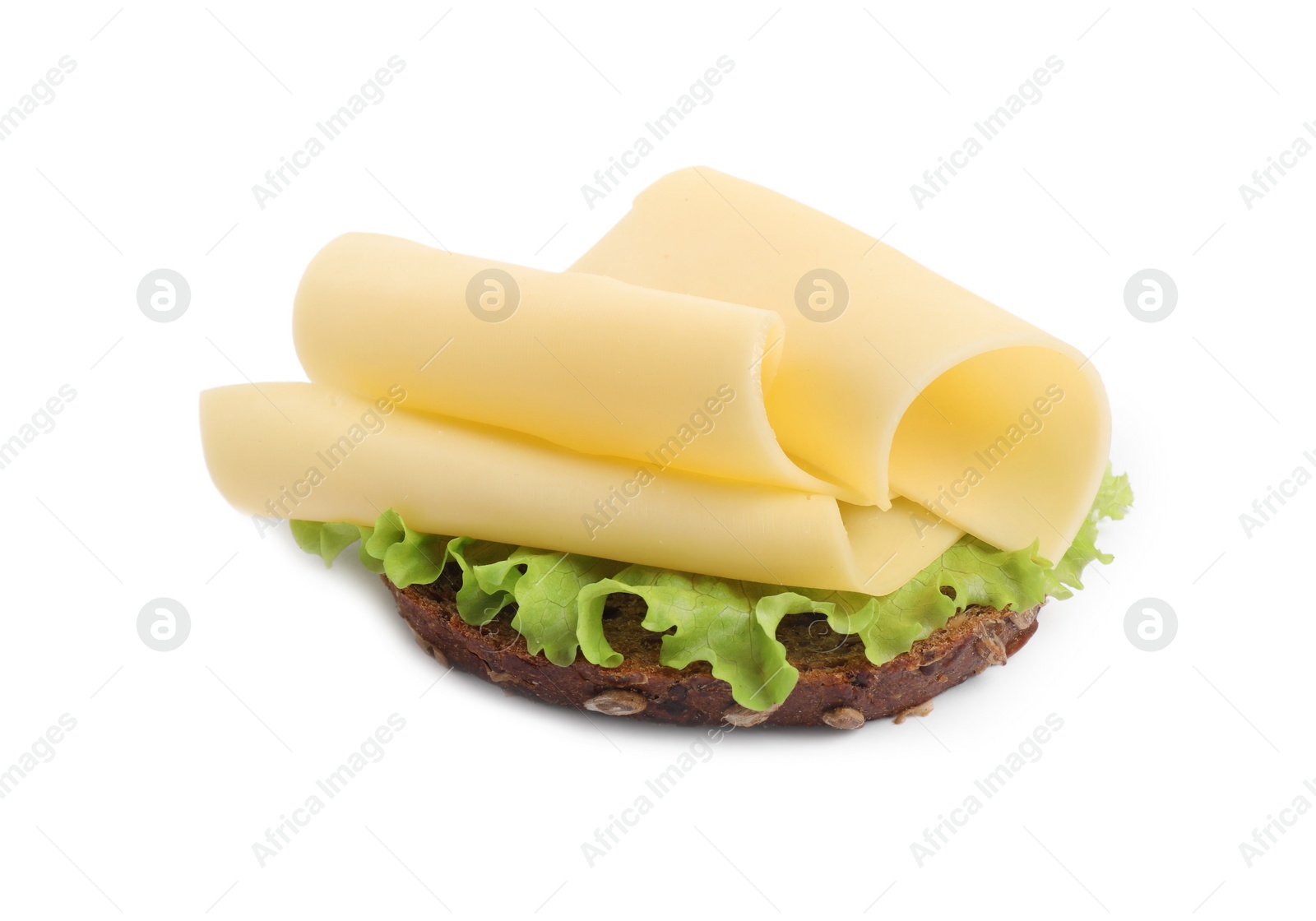 Photo of Tasty sandwich with slices of fresh cheese and lettuce isolated on white