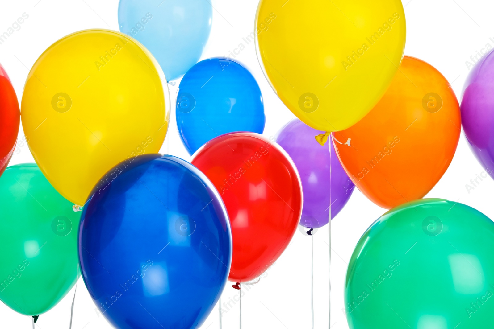 Photo of Colorful balloons on white background. Celebration time