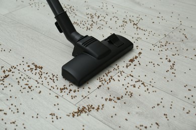 Removing groats from wooden floor with vacuum cleaner at home