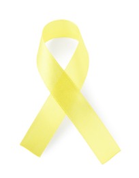 Photo of Yellow awareness ribbon isolated on white, top view
