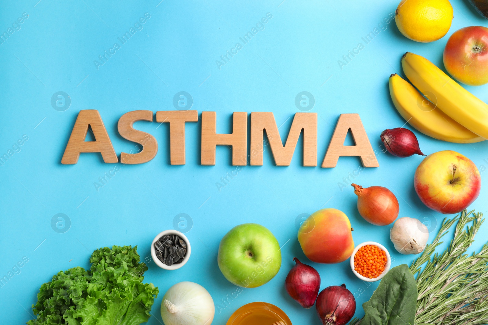 Photo of Flat lay composition with natural products as home remedies and word ASTHMA on color background