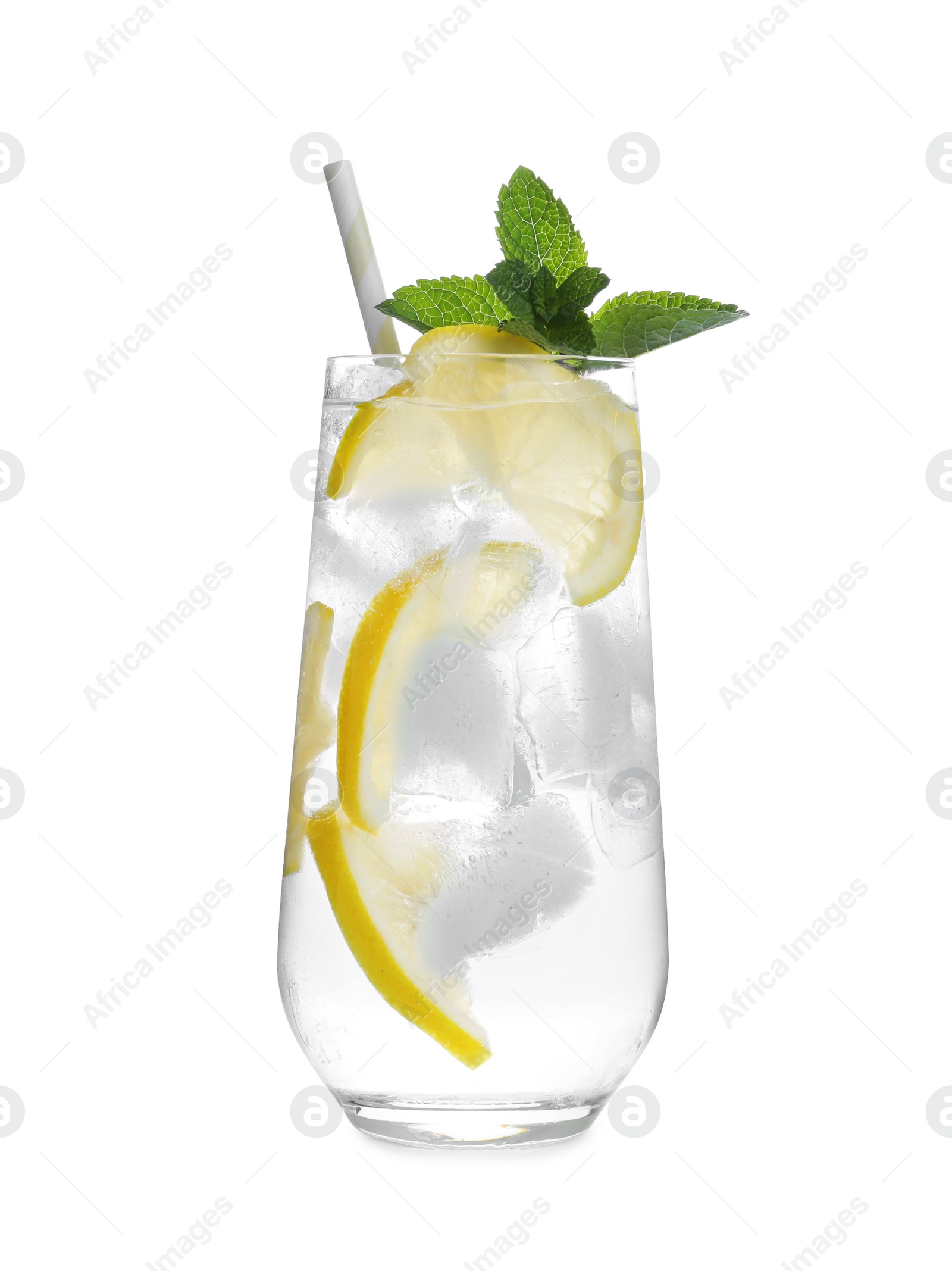 Photo of Delicious lemonade made with soda water isolated on white