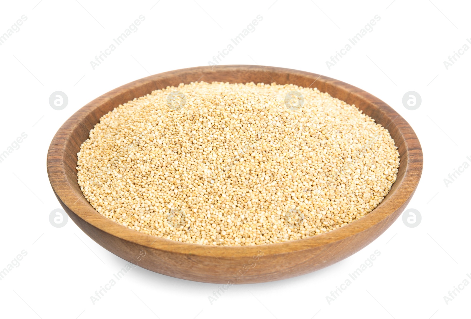 Photo of Wooden plate with raw quinoa isolated on white