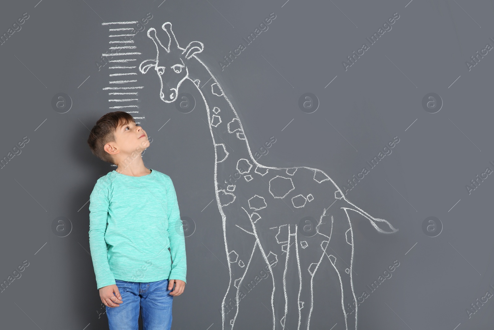 Photo of Cute little child measuring height near chalk giraffe drawing on grey background