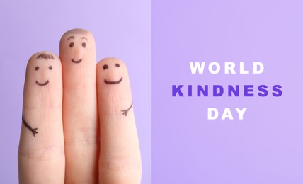 World Kindness Day. Three fingers with drawings of happy faces on violet background, closeup. Banner design
