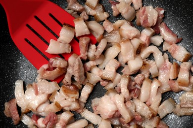 Photo of Frying cracklings in cookware, closeup. Pork lard