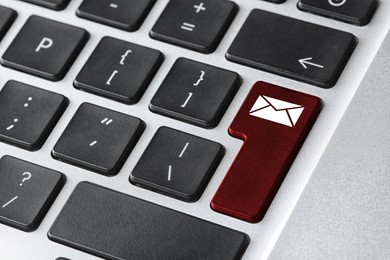 Image of Modern computer keyboard with envelope sign on button, closeup view. Sending email letters