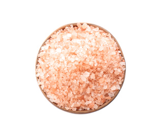 Pink himalayan salt in wooden bowl isolated on white, top view