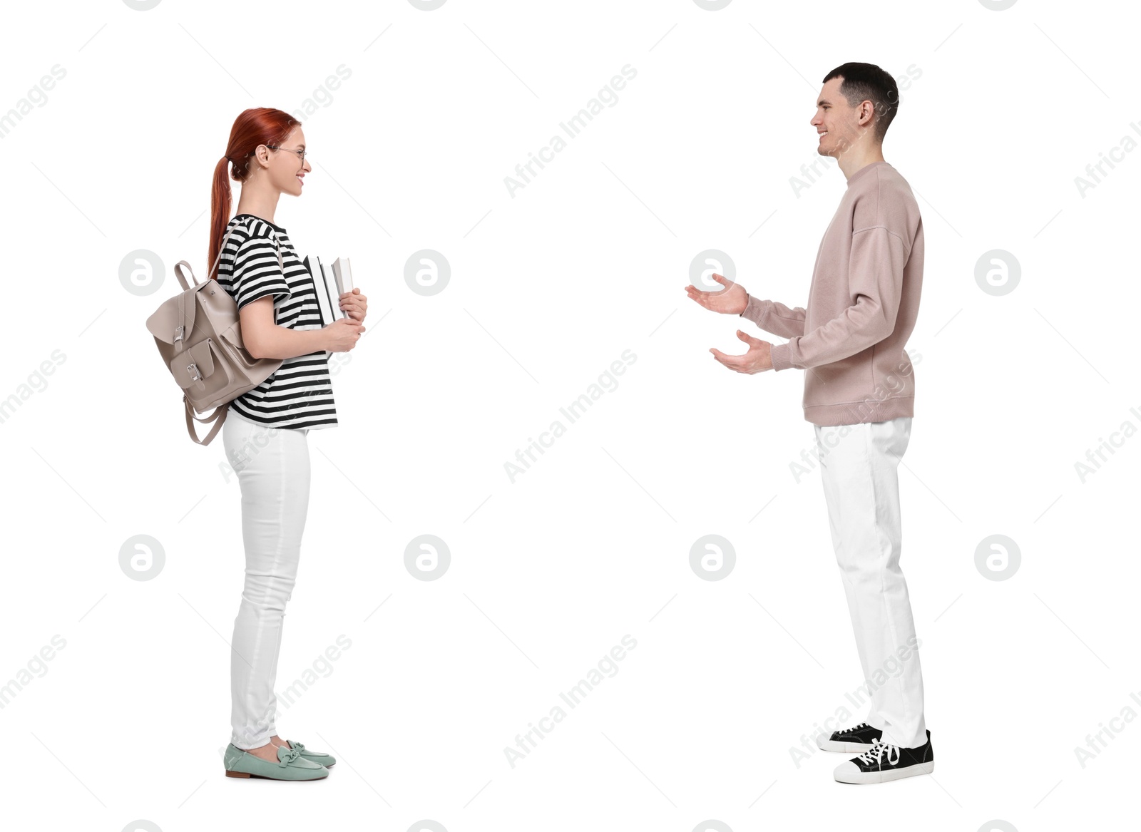 Image of Woman and man talking on white background. Dialogue