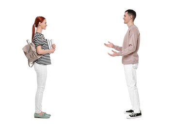 Woman and man talking on white background. Dialogue