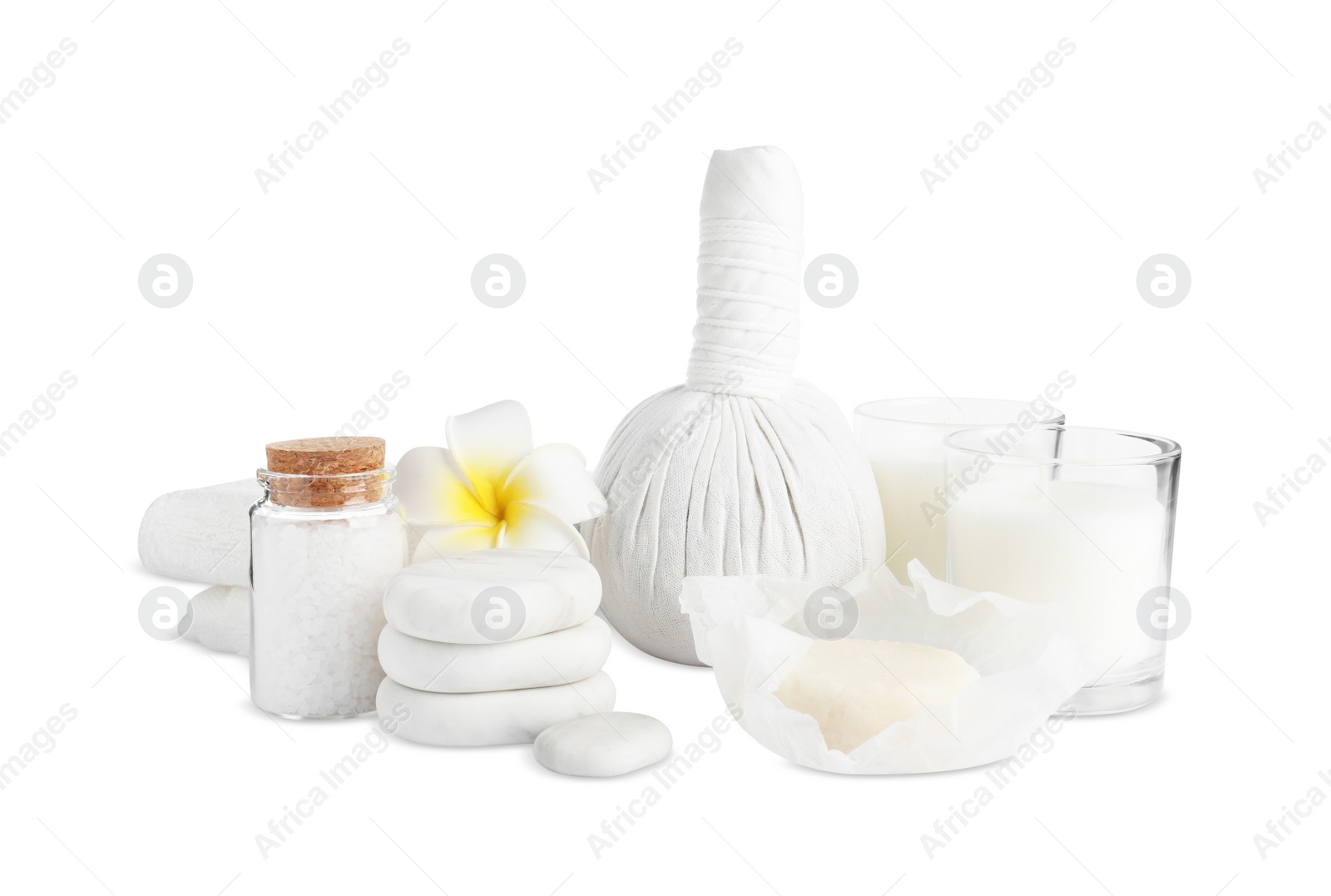 Photo of Beautiful spa composition with different care products isolated on white