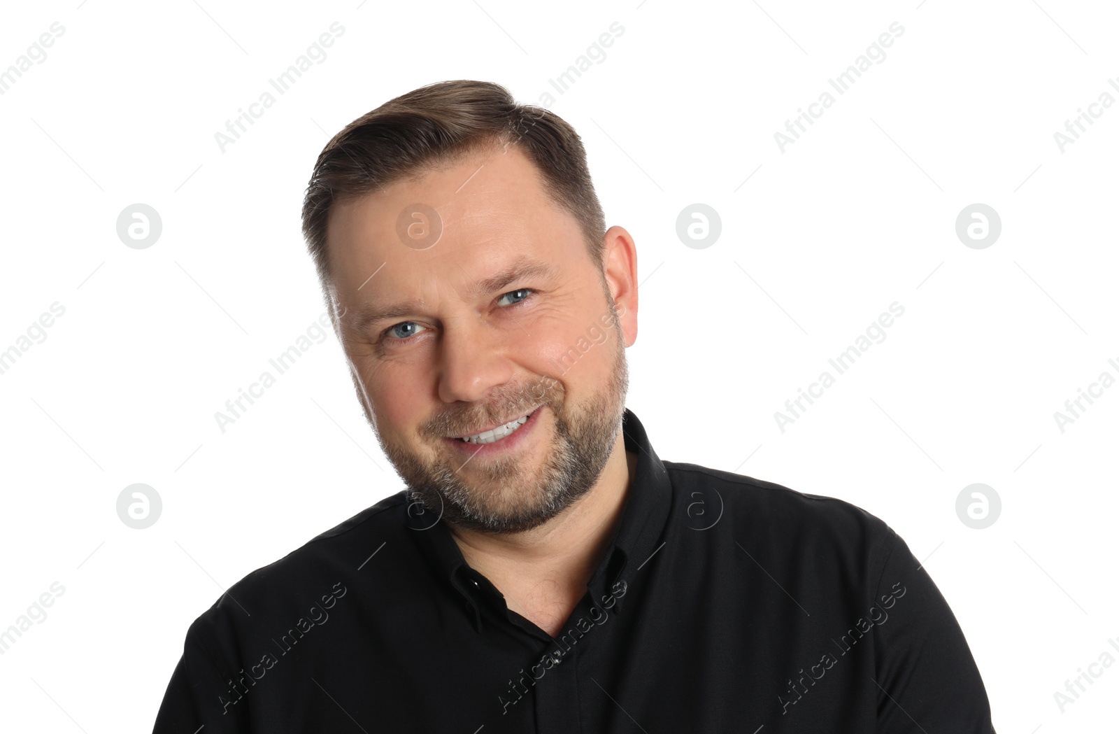 Photo of Portrait of happy mature man on white background