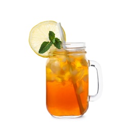 Photo of Delicious iced tea in mason jar on white background
