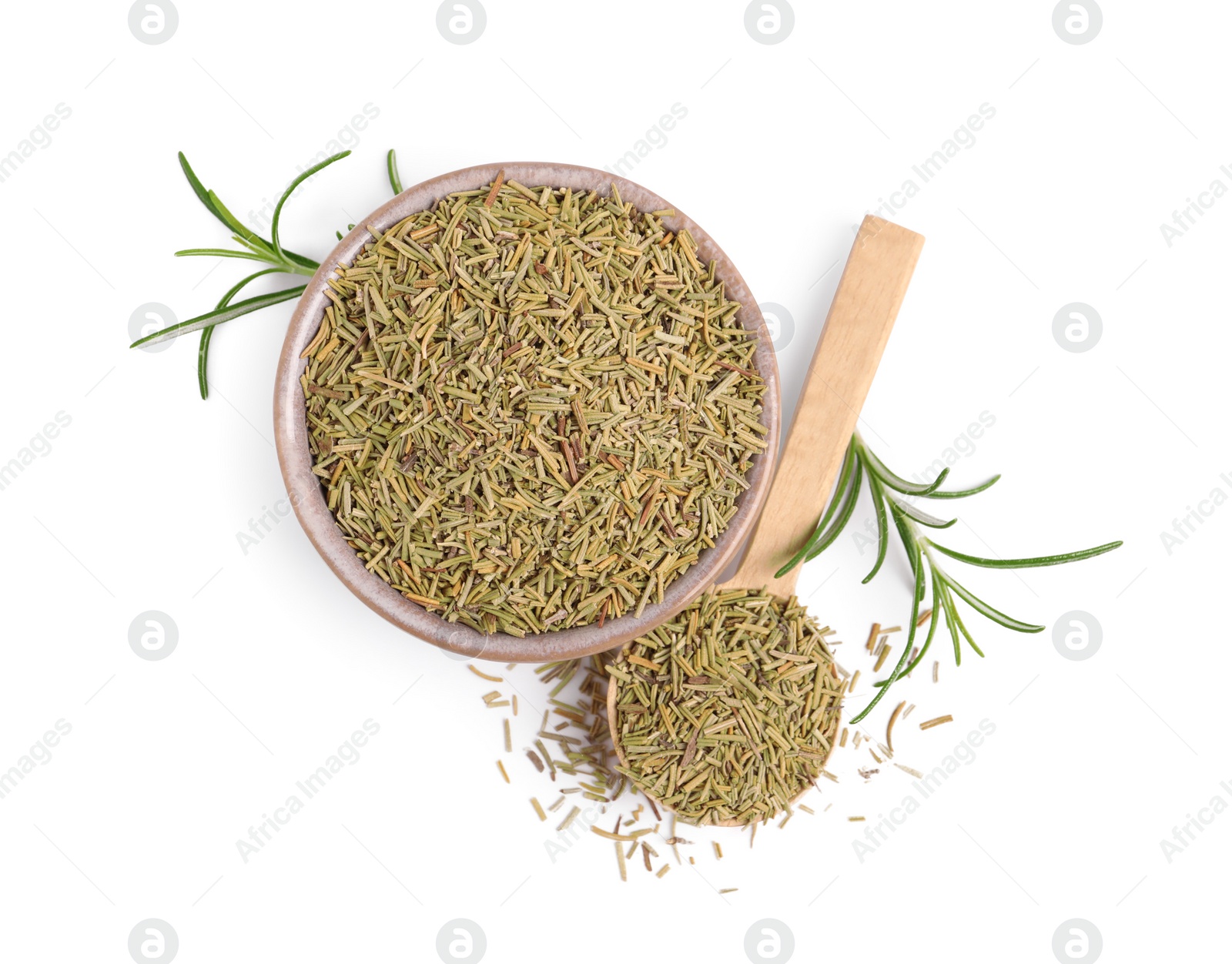 Photo of Fresh and dry rosemary isolated on white, top view