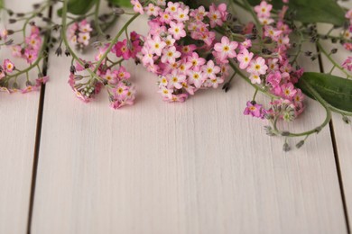 Photo of Beautiful Forget-me-not flowers on white wooden table, closeup. Space for text