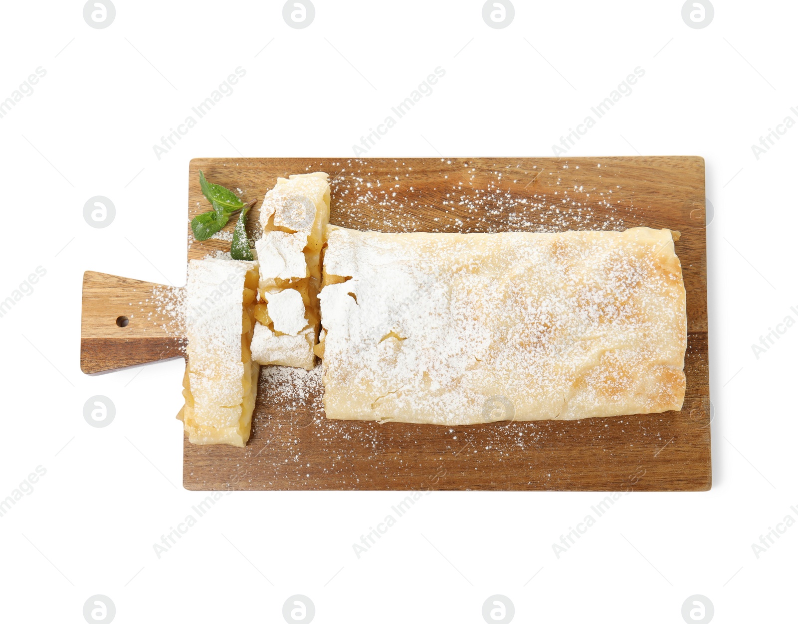 Photo of Delicious apple strudel with powdered sugar and mint on white background, top view