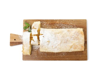 Photo of Delicious apple strudel with powdered sugar and mint on white background, top view