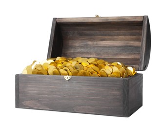 Open treasure chest with gold coins isolated on white