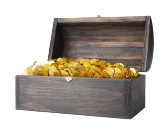 Image of Open treasure chest with gold coins isolated on white