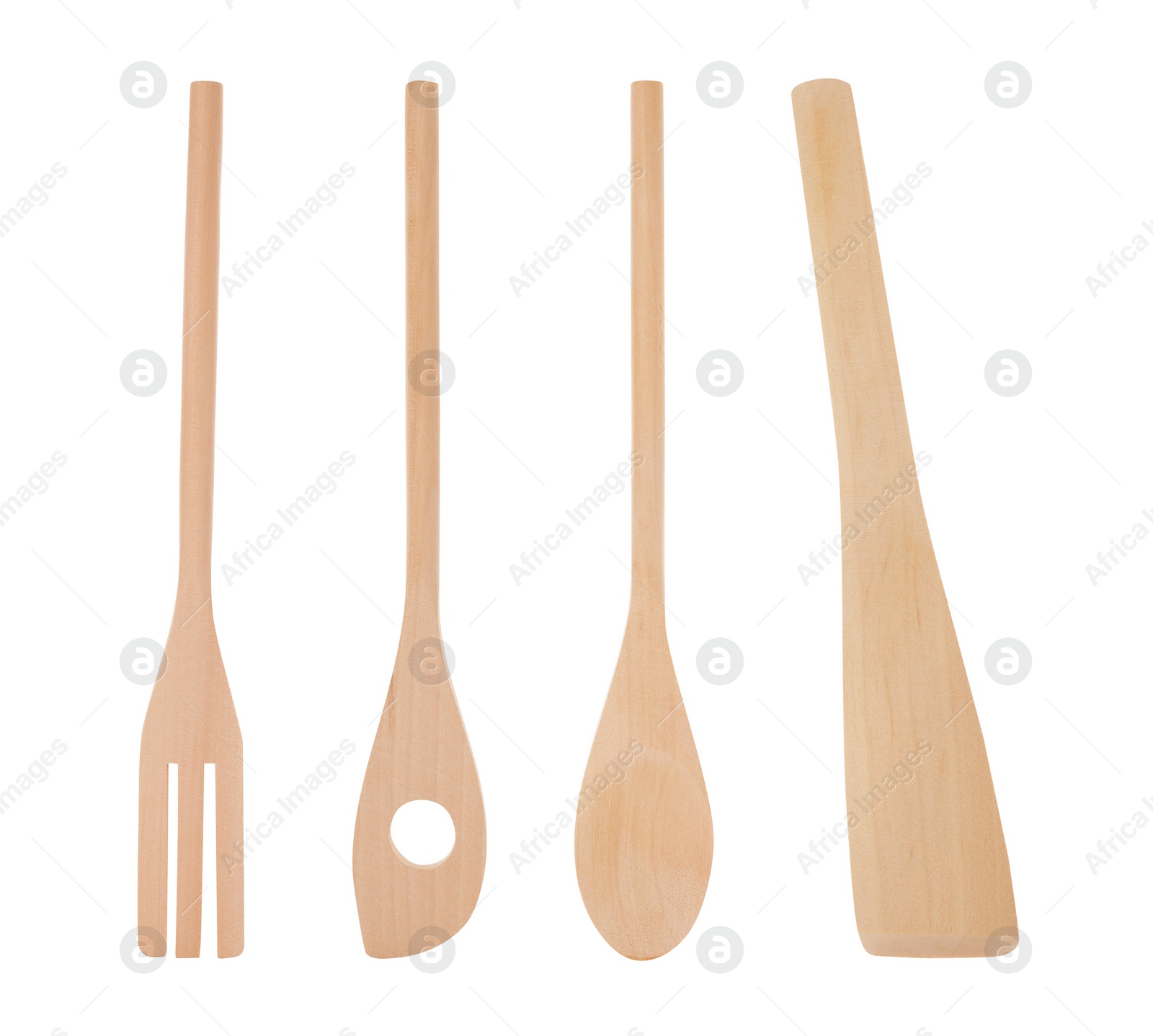 Image of Set of wooden kitchen tools on white background 