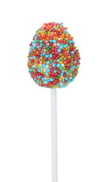 Photo of Delicious egg shaped cake pop isolated on white. Easter holiday