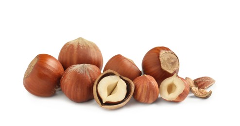 Photo of Tasty organic hazelnuts on white background. Healthy snack