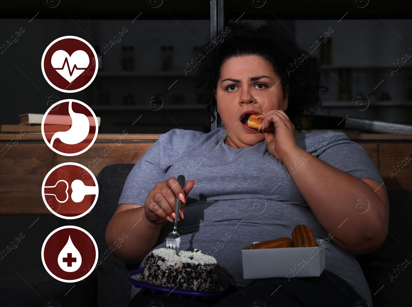 Image of Virtual icons demonstrating different health problems and overweight woman eating sweets in living room