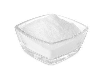 Photo of Bowl of sweet fructose powder isolated on white