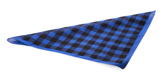 Photo of Folded blue bandana with check pattern isolated on white