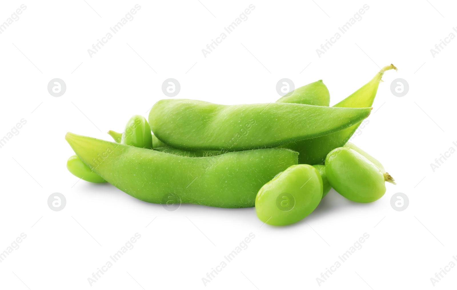 Photo of Fresh green edamame pods and beans on white background