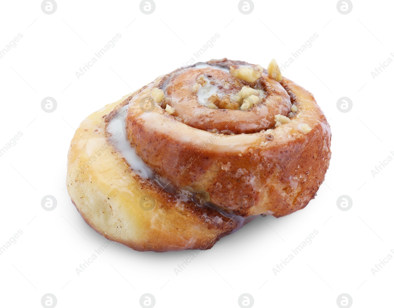 Photo of One tasty cinnamon roll with nuts isolated on white