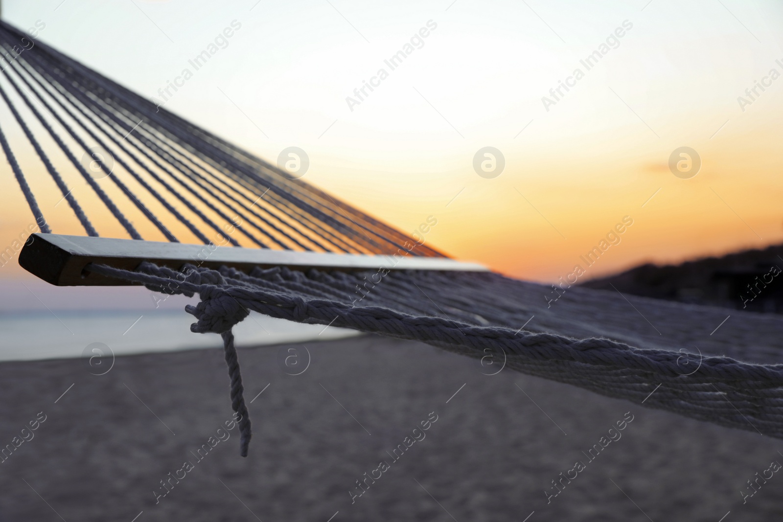 Photo of Empty hammock on beach at sunset. Time to relax