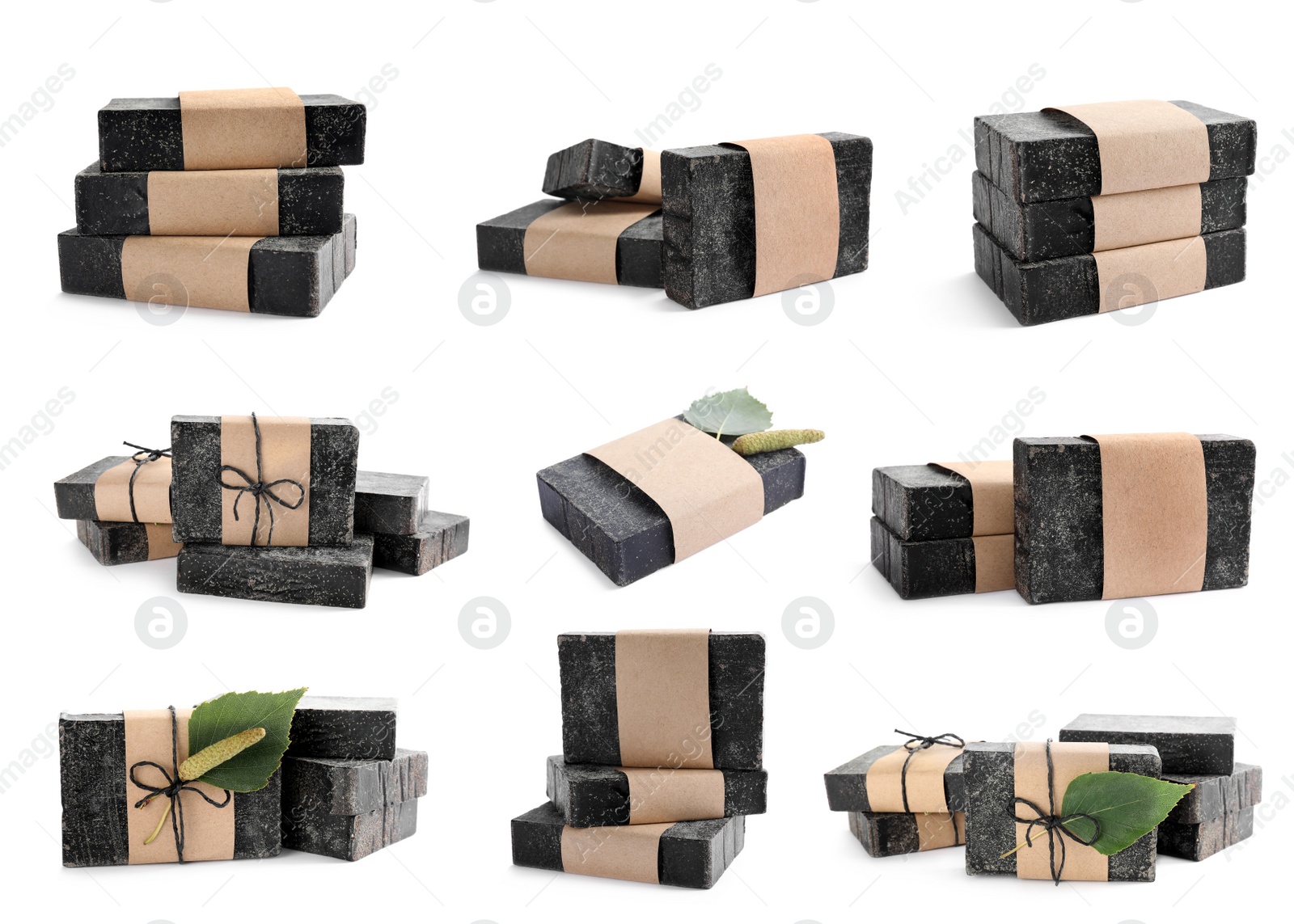 Image of Set with tar soap bars on white background